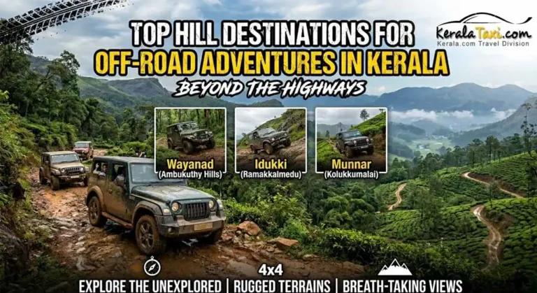 Off-road jeep safari in Kerala hill stations with muddy trails and mountain views