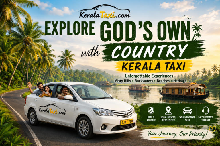 A white Kerala Taxi driving on a scenic road along the Alleppey backwaters with houseboats and a happy couple waving