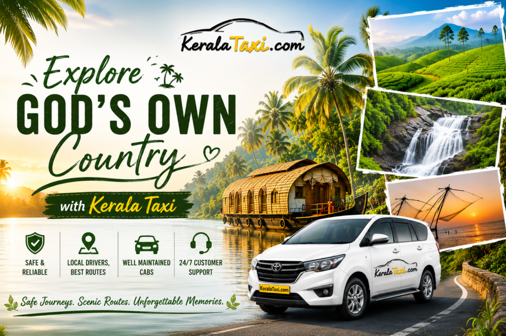 Explore God’s Own Country with Kerala Taxi featuring Kerala backwaters, houseboat, hills, and taxi cab.
