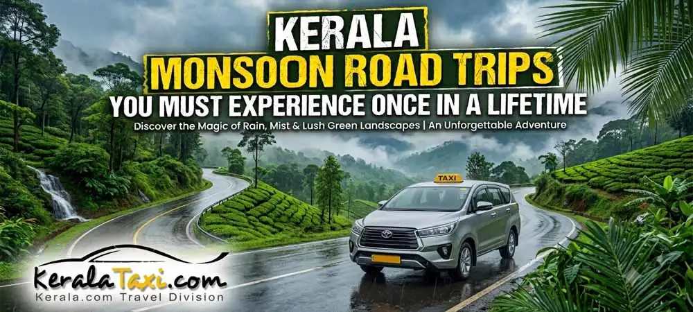 A scenic blog banner titled 'Kerala Monsoon Road Trips You Must Experience Once in a Lifetime